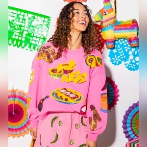 NWOT Queen of Sparkles Mexican Food Pink Sweater Sequins Medium